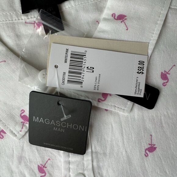 Magaschoni Man Short Sleeve Shirt Flamingos All Over Print Linen Blend Large NWT - Picture 9 of 13
